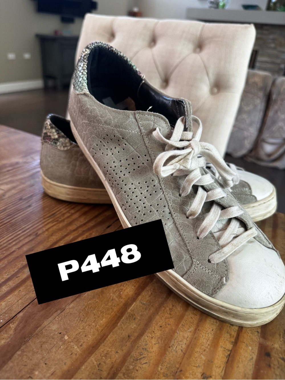 P448 Women's Taupe Suede Lace-Up Sneaker with Snakeskin Textured Heel